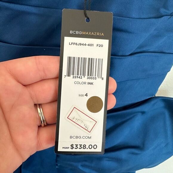 BCBGMaxazria Women’s Strapless Blue Ink Pleated Bow Maxi Occasion Gown - Picture 7 of 15